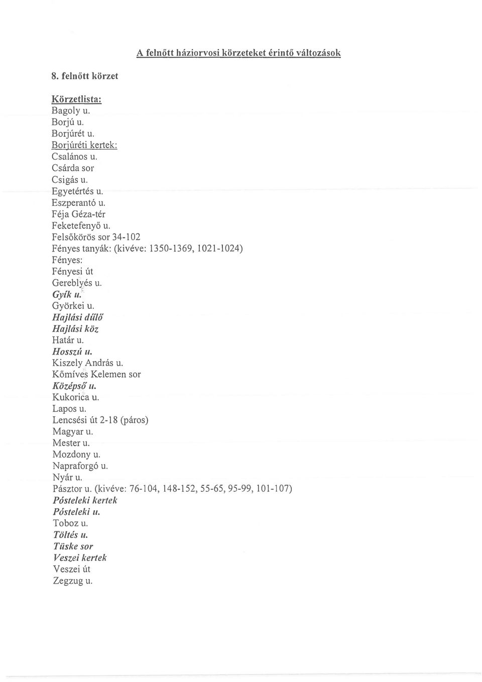 Gyorkei u. Hajtasi dlflif Hajtasi koz Hatar u. HOSSZllli. Kiszely Andras u. K6mives Kelemen sor Kozepsif II. Kukorica u. Lapos u. Lencsesi lit 2-18 (paros) Magyar u. Mester u.