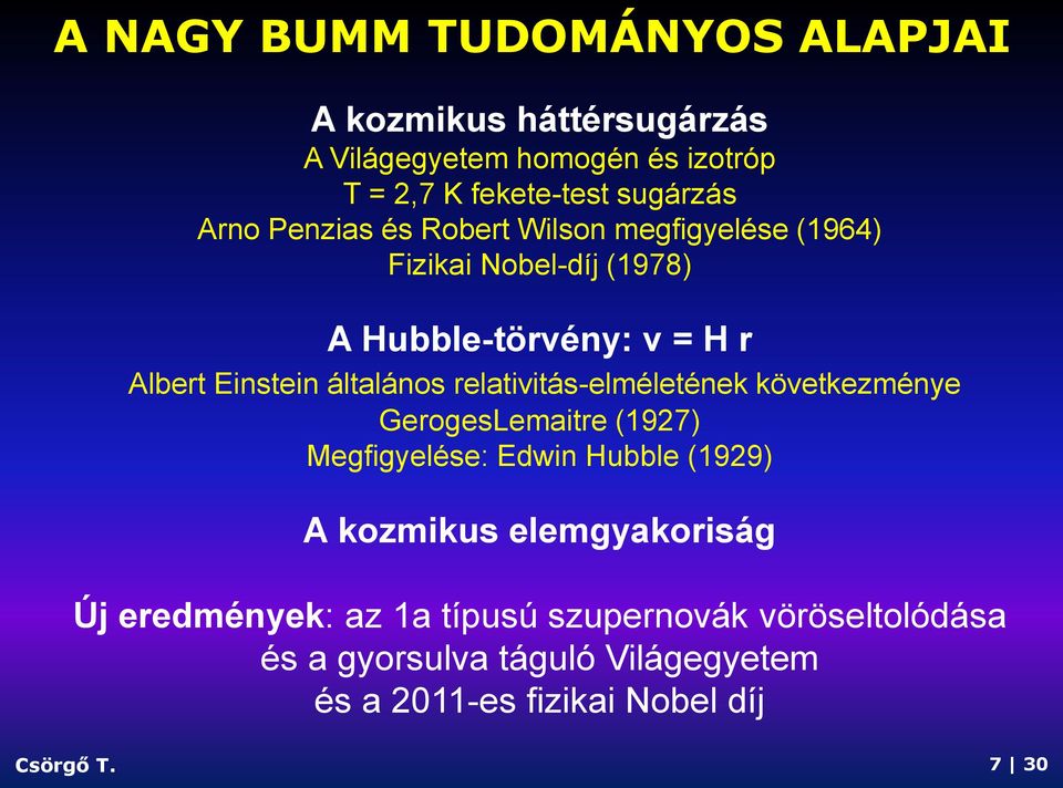 relativitás-elméletének következménye GerogesLemaitre (1927) Megfigyelése: Edwin Hubble (1929) A kozmikus elemgyakoriság Új