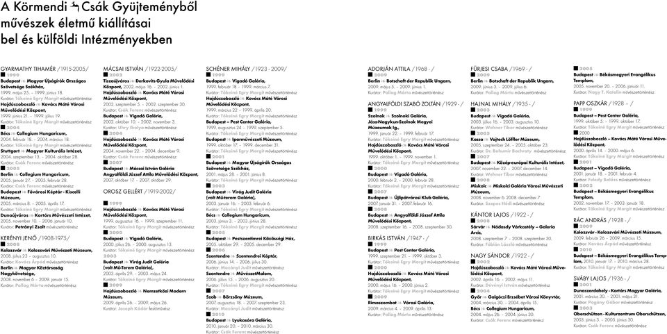 Stuttgart Magyar Kulturális Intézet, 200. szeptember 13. 200. október 28. Kurátor: Csák Ferenc művészettörténész n 2005 Berlin Collegium Hungaricum, 2005. január 27. 2005. február 28.