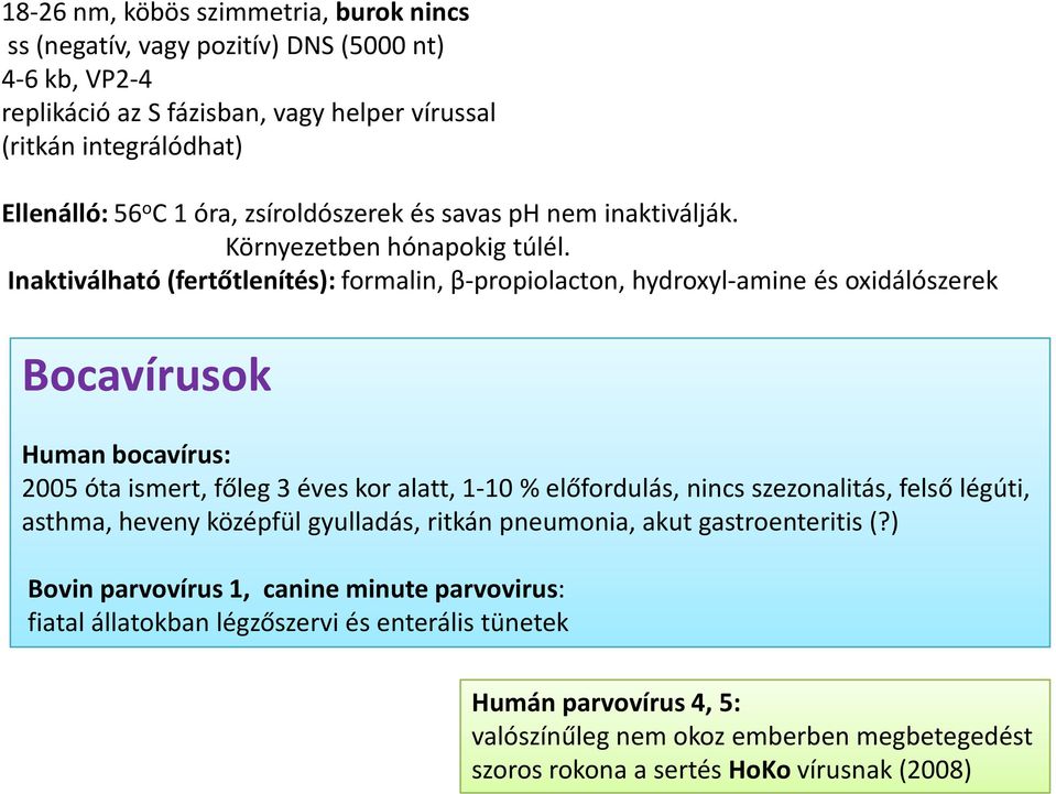 Inaktiválható(fertőtlenítés): formalin, β-propiolacton, hydroxyl-amine és oxidálószerek Bocavírusok Human bocavírus: 2005 óta ismert, főleg 3 éves kor alatt, 1-10 % előfordulás, nincs