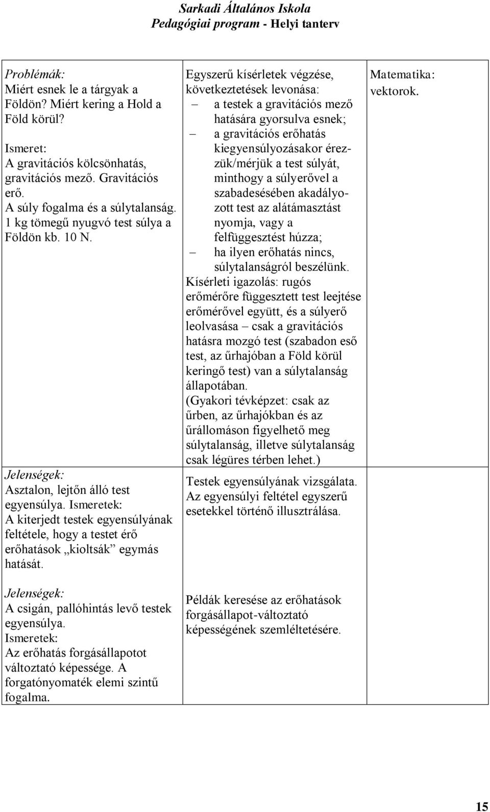 Jelenségek: A csigán, pallóhintás levő testek egyensúlya. Az erőhatás forgásállapotot változtató képessége. A forgatónyomaték elemi szintű fogalma.