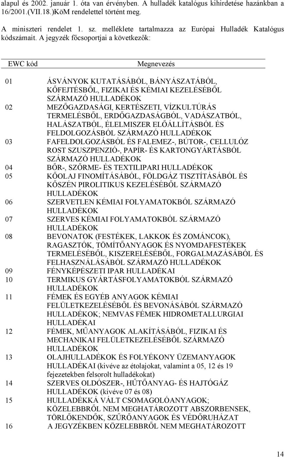 A jegyzék főcsoportjai a következők: EWC kód Megnevezés 01 ÁSVÁNYOK KUTATÁSÁBÓL, BÁNYÁSZATÁBÓL, KŐFEJTÉSBŐL, FIZIKAI ÉS KÉMIAI KEZELÉSÉBŐL SZÁRMAZÓ HULLADÉKOK 02 MEZŐGAZDASÁGI, KERTÉSZETI,