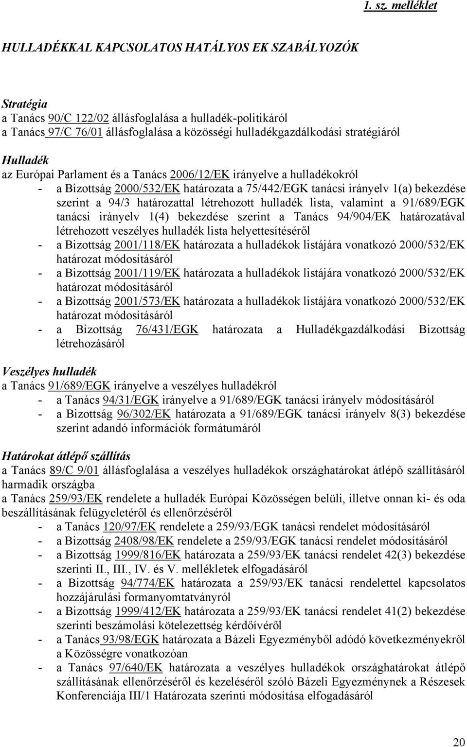 stratégiáról Hulladék az Európai Parlament és a Tanács 2006/12/EK irányelve a hulladékokról - a Bizottság 2000/532/EK határozata a 75/442/EGK tanácsi irányelv 1(a) bekezdése szerint a 94/3