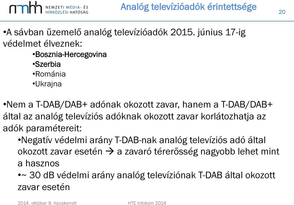 T-DAB/DAB+ által az analóg televíziós adóknak okozott zavar korlátozhatja az adók paramétereit: Negatív védelmi arány