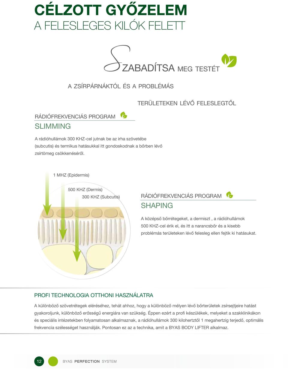 1 MHZ (Epidermis) 500 KHZ (Dermis) 300 KHZ (Subcutis) RÁDIÓFREKVENCIÁS PROGRAM SHAPING A középső bőrrétegeket, a dermiszt, a rádióhullámok 500 KHZ-cel érik el, és itt a narancsbőr és a kisebb