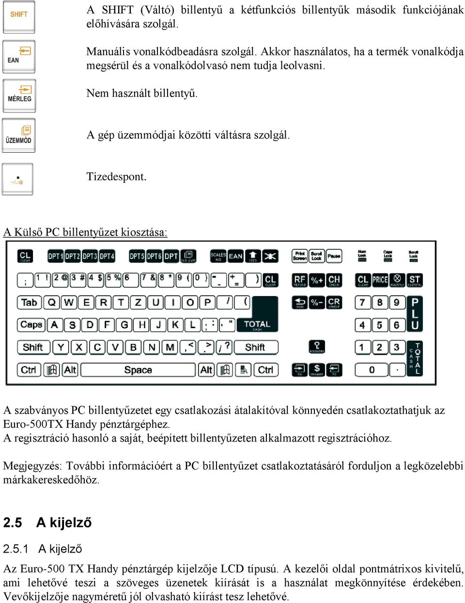 A Külső PC billentyűzet kiosztása: A szabványos PC billentyűzetet egy csatlakozási átalakítóval könnyedén csatlakoztathatjuk az Euro-500TX Handy pénztárgéphez.