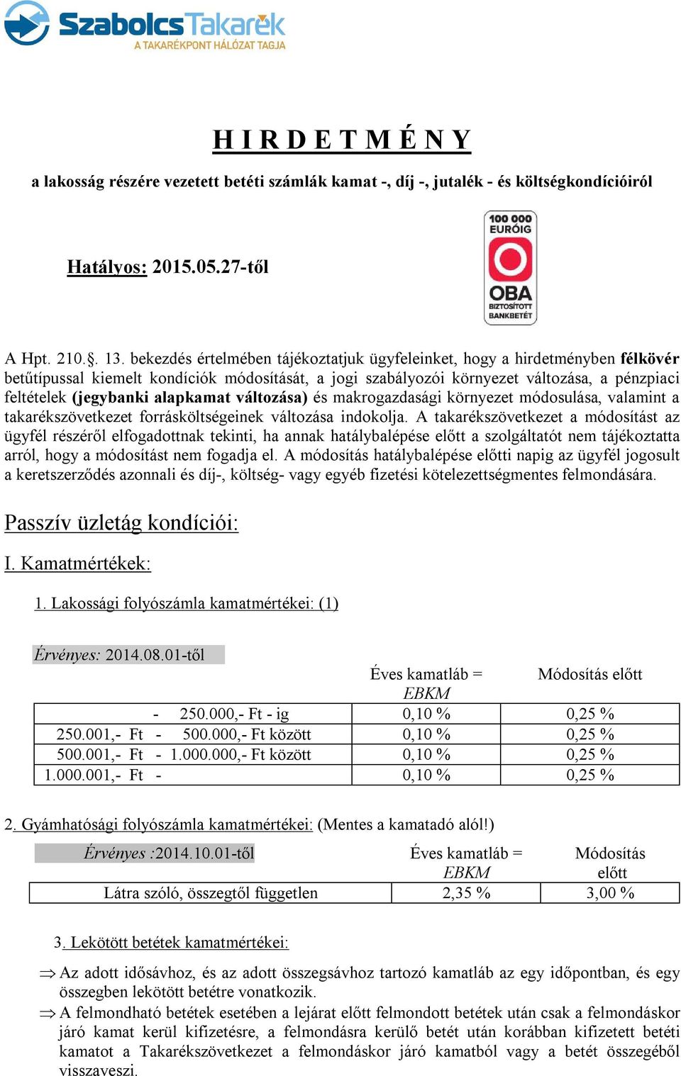 alapkamat változása) és makrogazdasági környezet módosulása, valamint a takarékszövetkezet forrásköltségeinek változása indokolja.