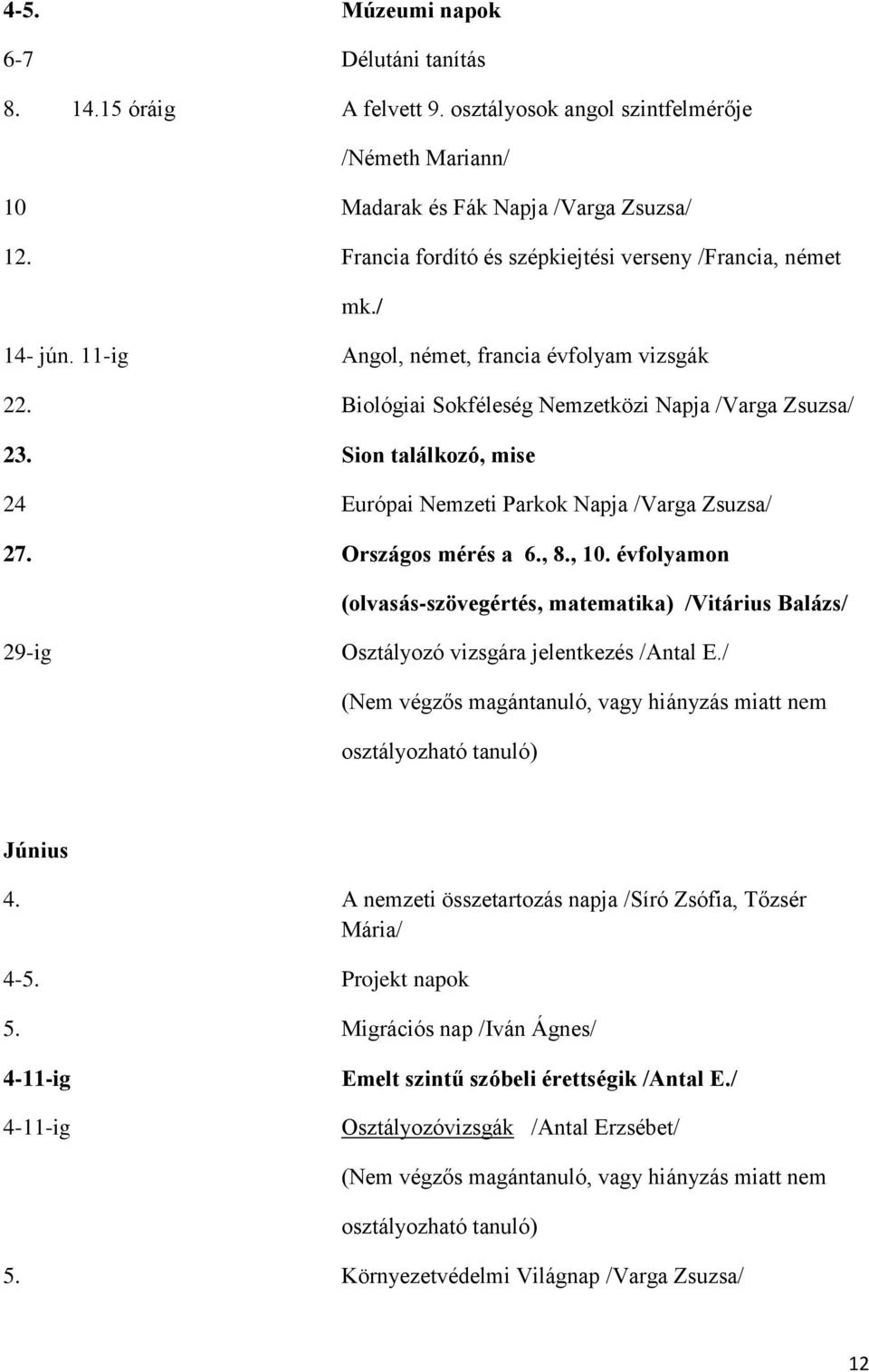 Sion találkozó, mise 24 Európai Nemzeti Parkok Napja /Varga Zsuzsa/ 27. Országos mérés a 6., 8., 10.