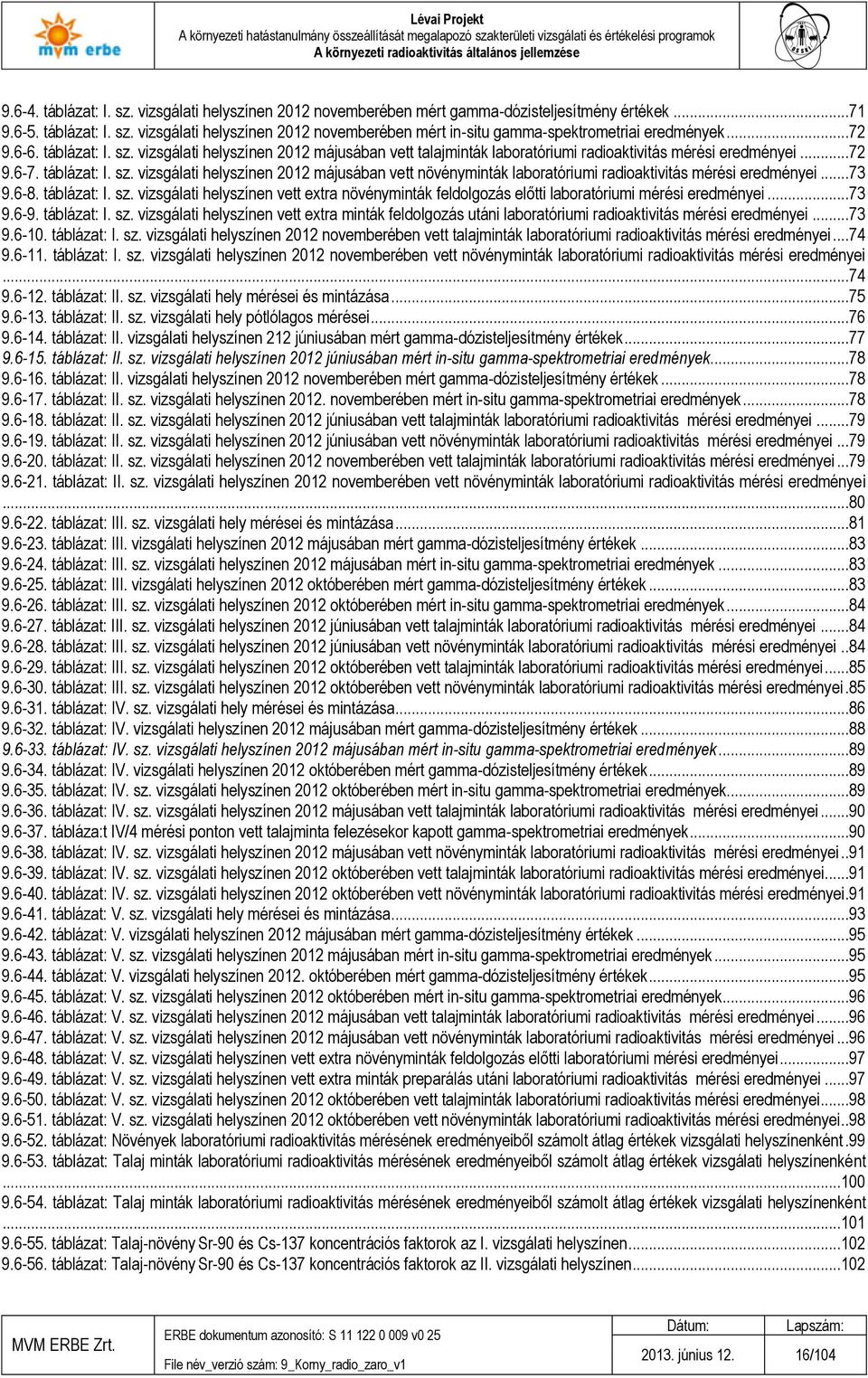 ..73 9.6-8. táblázat: I. sz. vizsgálati helyszínen vett extra növényminták feldolgozás előtti laboratóriumi mérési eredményei...73 9.6-9. táblázat: I. sz. vizsgálati helyszínen vett extra minták feldolgozás utáni laboratóriumi radioaktivitás mérési eredményei.