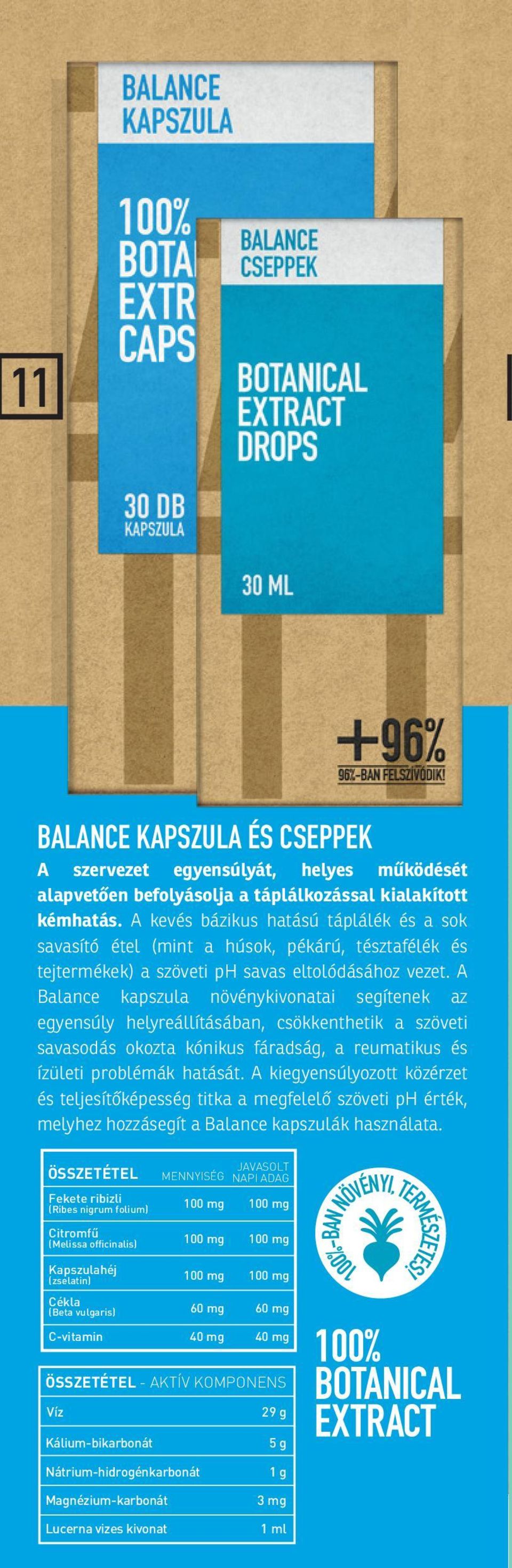 A Balance kapszula növénykivonatai segítenek az egyensúly helyreállításában, csökkenthetik a szöveti savasodás okozta kónikus fáradság, a reumatikus és ízületi problémák hatását.