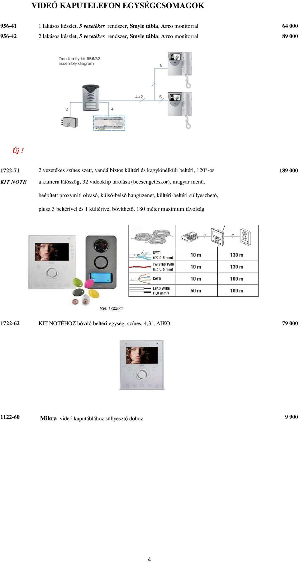 1722-71 2 vezetékes színes szett, vandálbiztos kültéri és kagylónélküli beltéri, 120 -os 189 000 KIT NOTE a kamera látószög, 32 videoklip tárolása (becsengetéskor),