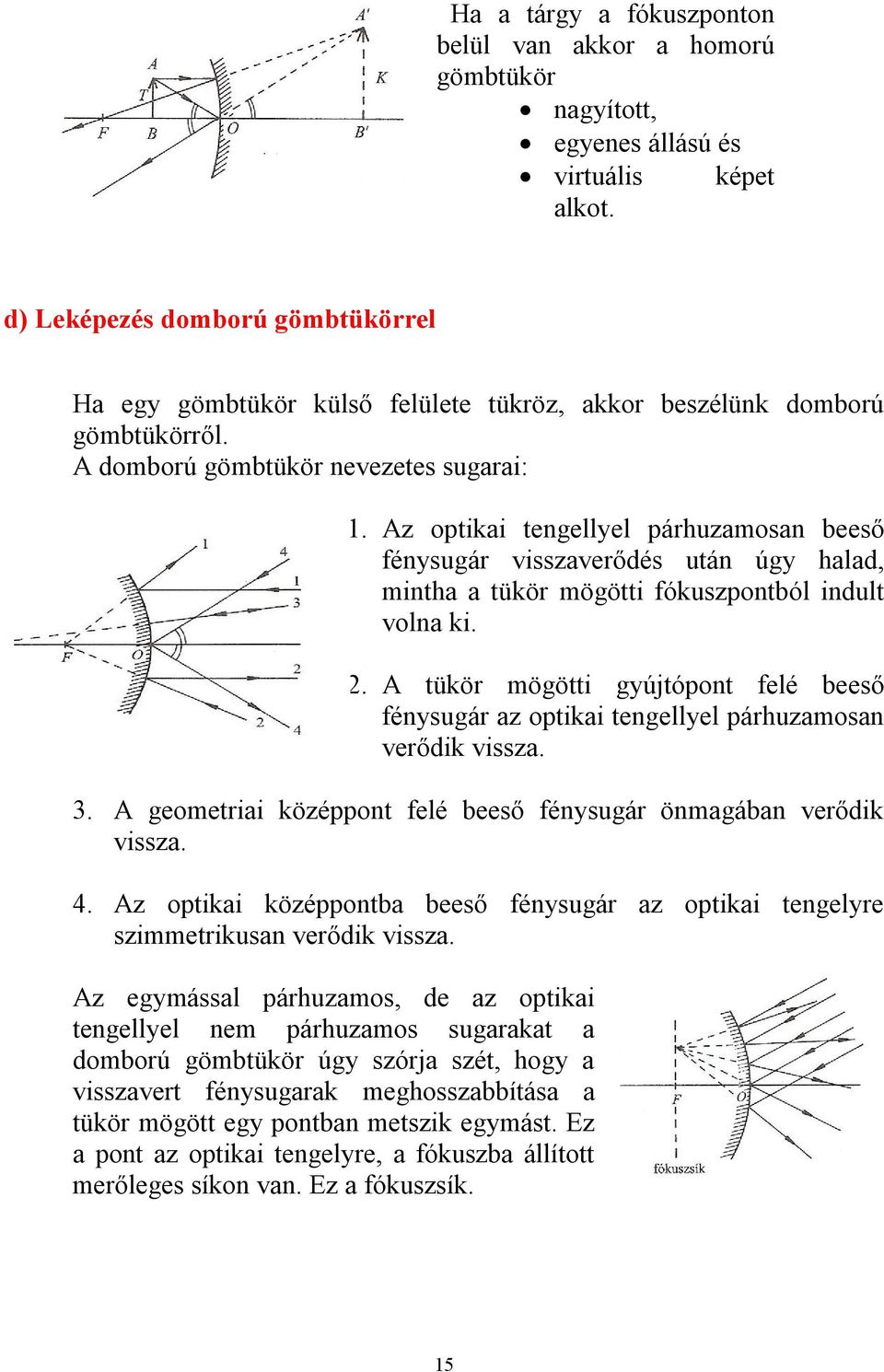 Az optikai tengellyel párhuzamosan beeső fénysugár visszaverődés után úgy halad, mintha a tükör mögötti fókuszpontból indult volna ki. 2.