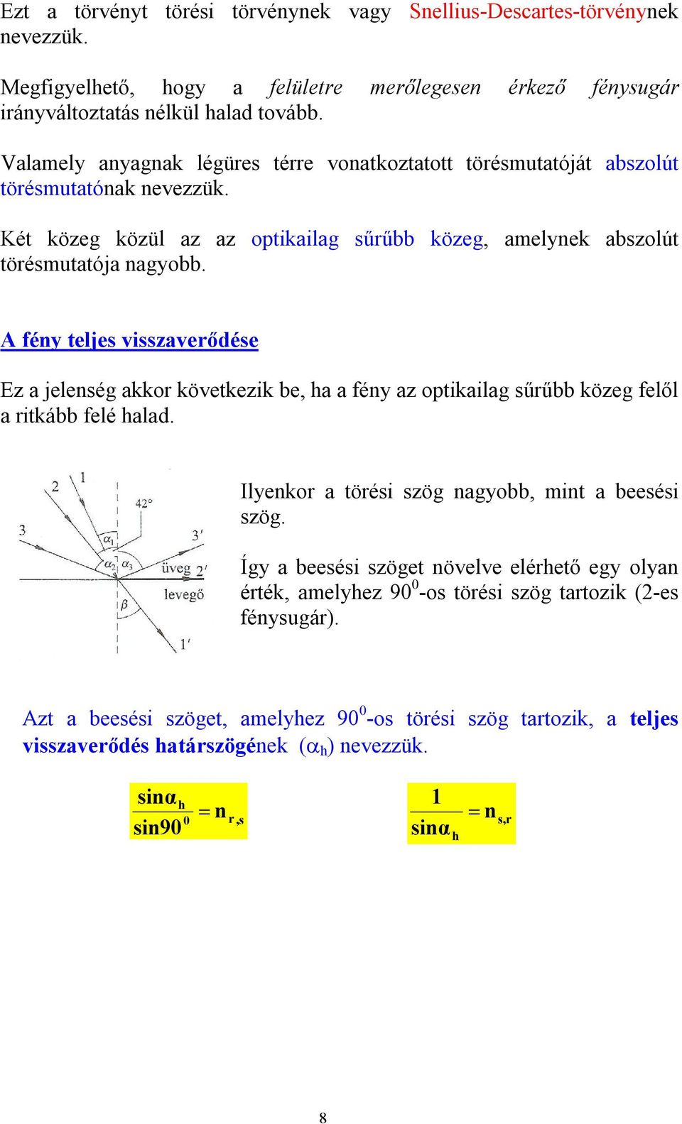 A fény teljes visszaverődése Ez a jelenség akkor következik be, ha a fény az optikailag sűrűbb közeg felől a ritkább felé halad. Ilyenkor a törési szög nagyobb, mint a beesési szög.