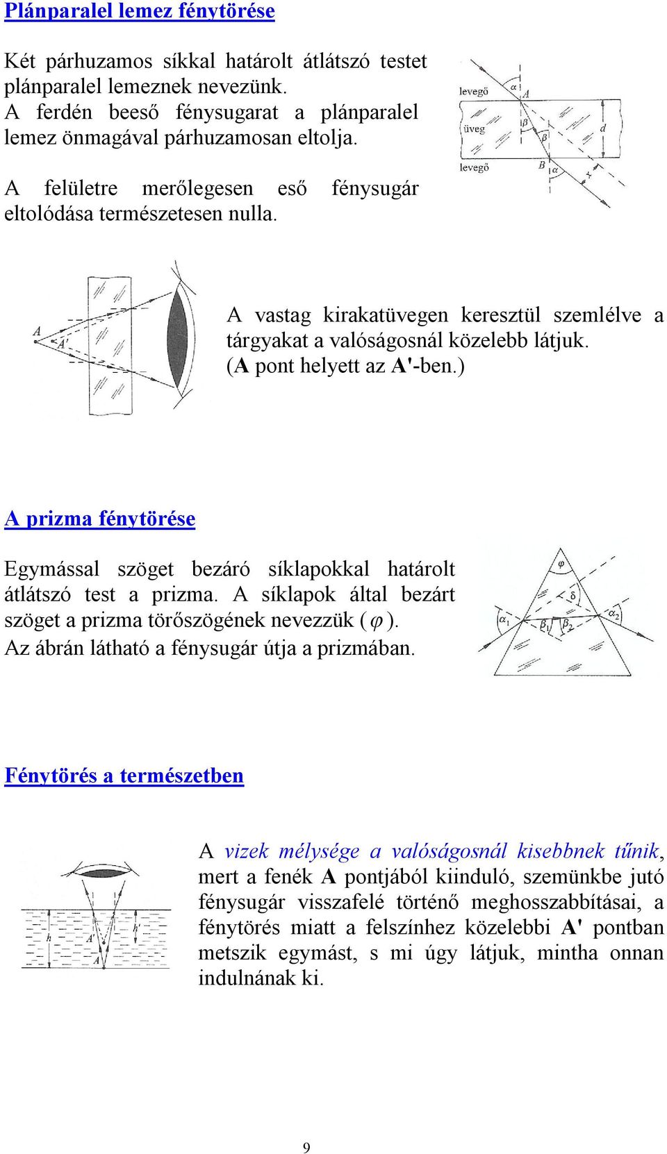 ) A prizma fénytörése Egymással szöget bezáró síklapokkal határolt átlátszó test a prizma. A síklapok által bezárt szöget a prizma törőszögének nevezzük ( ).