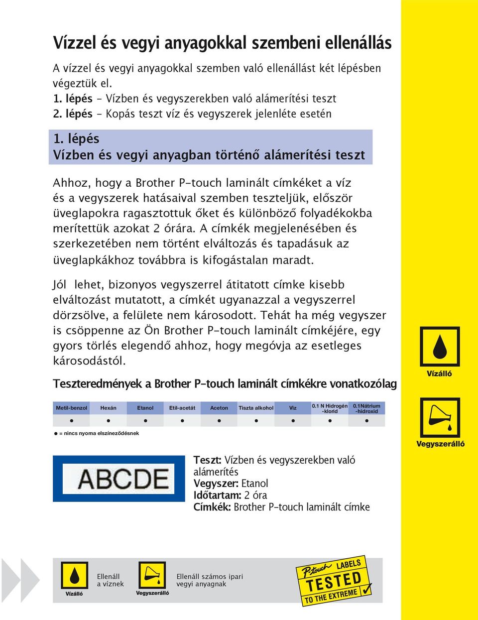 lépés Vízben és vegyi anyagban történő alámerítési teszt Ahhoz, hogy a Brother P-touch laminált címkéket a víz és a vegyszerek hatásaival szemben teszteljük, először üveglapokra ragasztottuk őket és