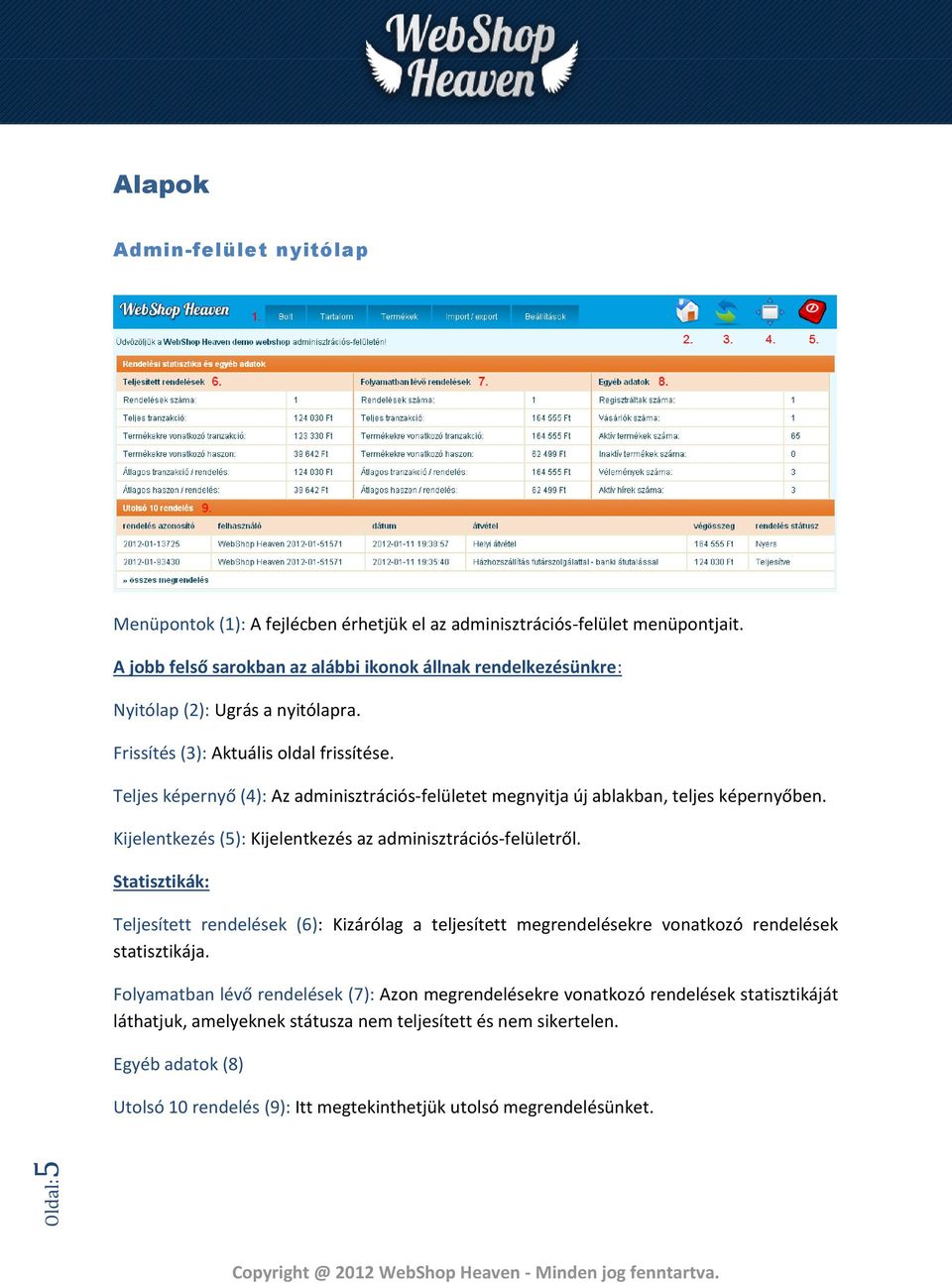 Teljes képernyő (4): Az adminisztrációs-felületet megnyitja új ablakban, teljes képernyőben. Kijelentkezés (5): Kijelentkezés az adminisztrációs-felületről.