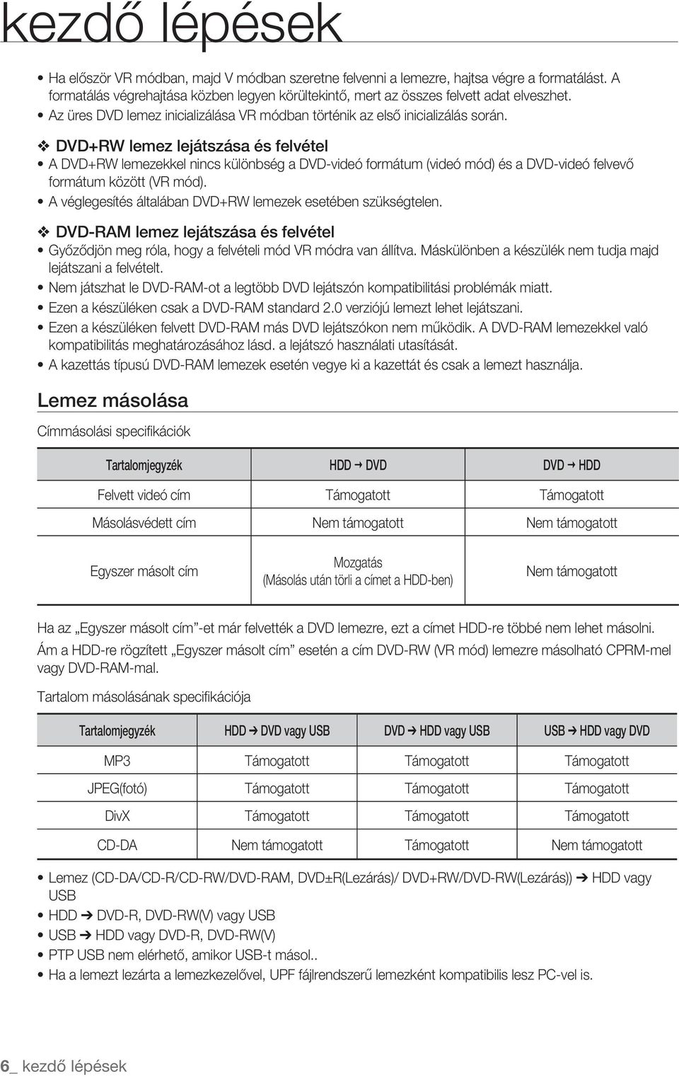 DVD+RW lemez lejátszása és felvétel A DVD+RW lemezekkel nincs különbség a DVD-videó formátum (videó mód) és a DVD-videó felvevő formátum között (VR mód).