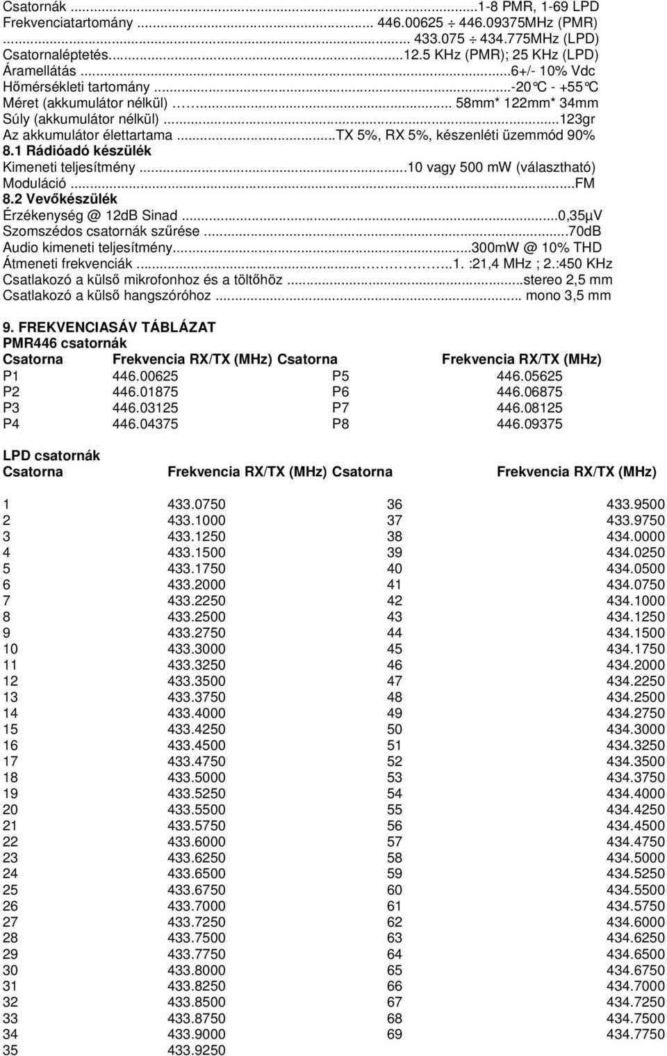 ..tx 5%, RX 5%, készenléti üzemmód 90% 8.1 Rádióadó készülék Kimeneti teljesítmény...10 vagy 500 mw (választható) Moduláció...FM 8.2 Vevőkészülék Érzékenység @ 12dB Sinad.