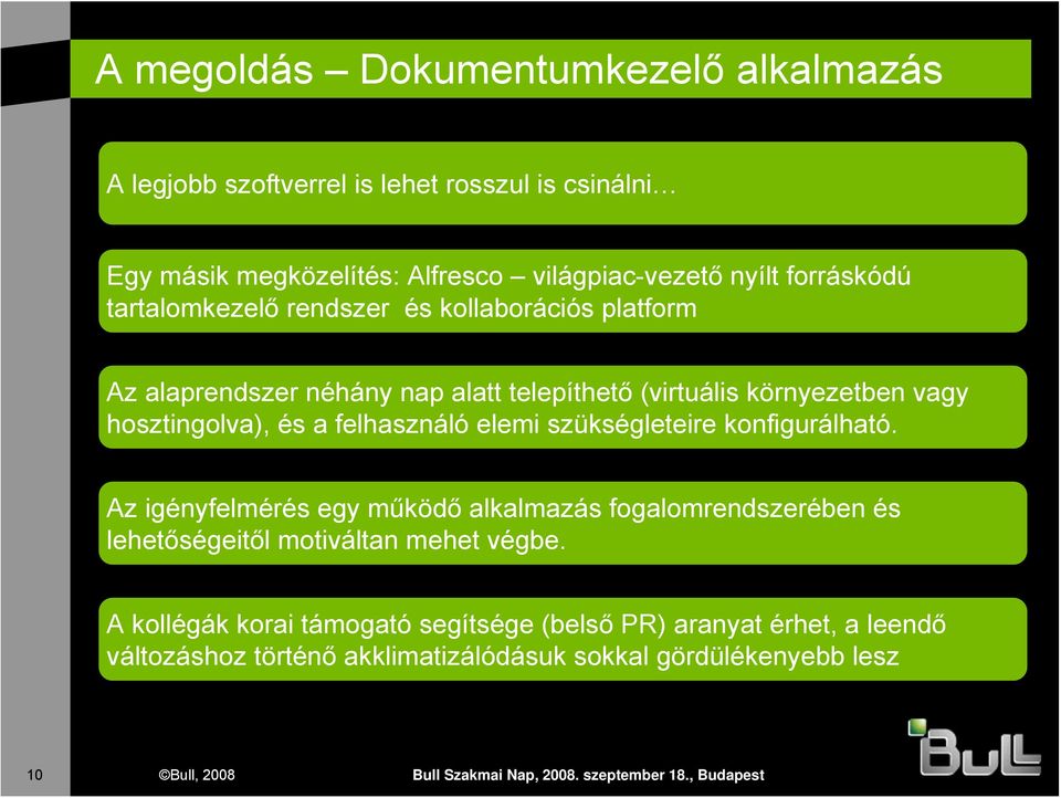 szükségleteire konfigurálható. Az igényfelmérés egy működő alkalmazás fogalomrendszerében és lehetőségeitől motiváltan mehet végbe.