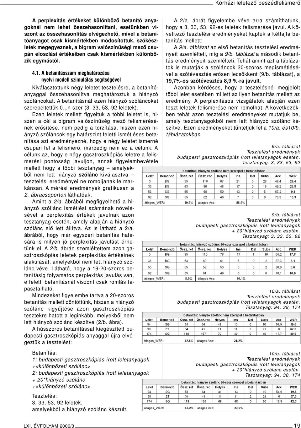 A betanításszám meghatározása nyelvi modell szimulálás segítségével Kiválasztottunk négy leletet tesztelésre, a betanítóanyaggal összehasonlítva meghatároztuk a hiányzó szóláncokat.