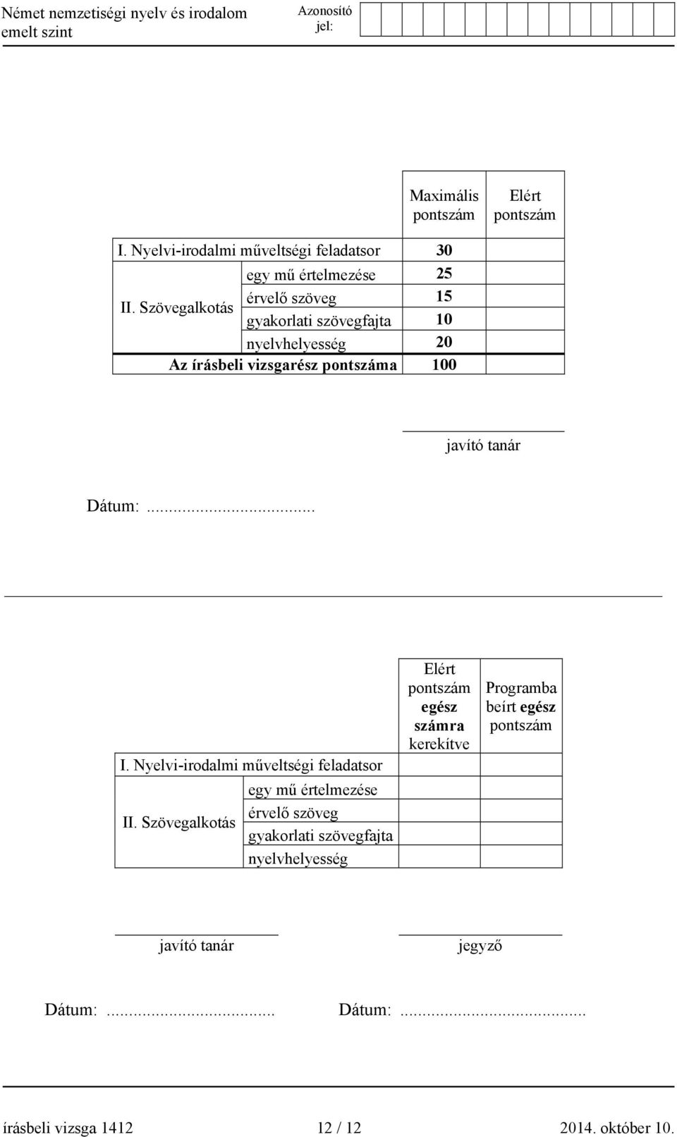 Dátum:... I. Nyelvi-irodalmi műveltségi feladatsor II.