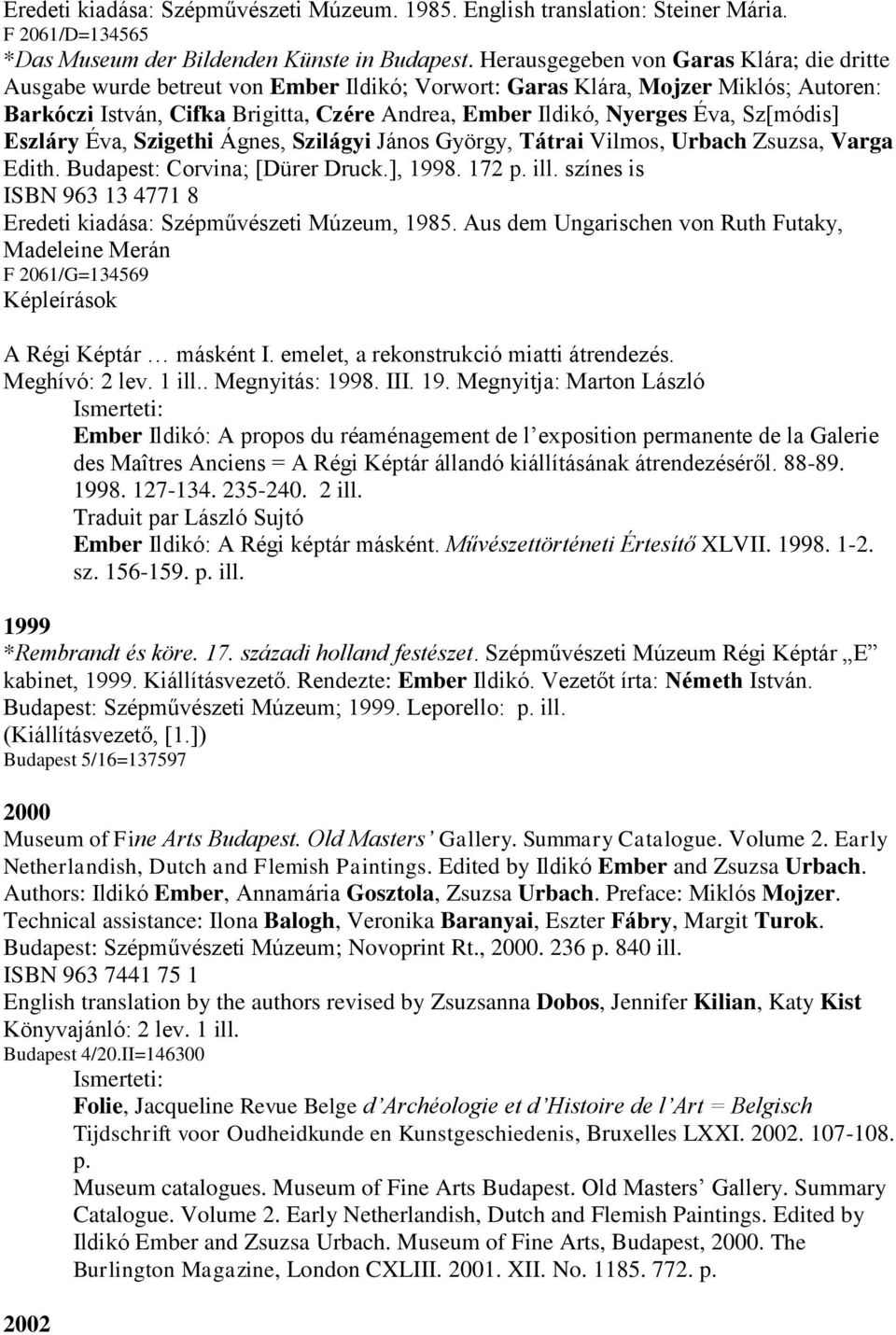 Éva, Sz[módis] Eszláry Éva, Szigethi Ágnes, Szilágyi János György, Tátrai Vilmos, Urbach Zsuzsa, Varga Edith. Budapest: Corvina; [Dürer Druck.], 1998. 172 p. ill.