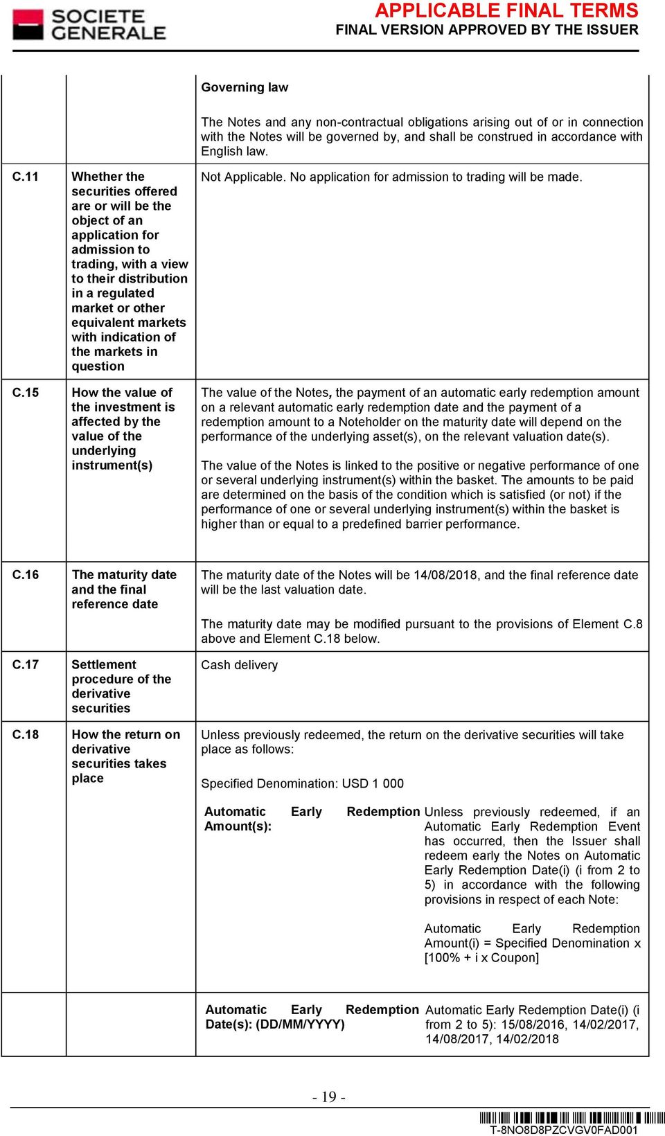 indication of the markets in question C.15 How the value of the investment is affected by the value of the underlying instrument(s). No application for admission to trading will be made.