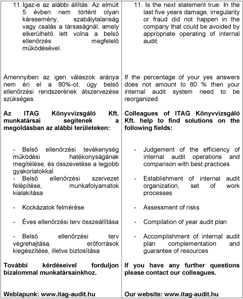 Amennyiben az igen válaszok aránya nem éri el a 80%-ot, úgy belső ellenőrzési rendszerének átszervezése szükséges. Az ITAG Könyvvizsgáló Kft.