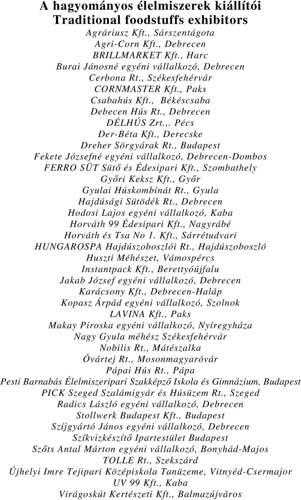 , Derecske Dreher Sörgyárak Rt., Budapest Fekete Józsefné egyéni vállalkozó, Debrecen-Dombos FERRO SÜT Sütő és Édesipari Kft., Szombathely Győri Keksz Kft., Győr Gyulai Húskombinát Rt.