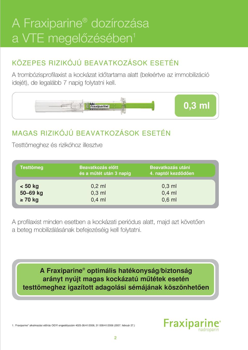 naptól kezdôdôen < 50 kg 0,2 ml 0,3 ml 50 69 kg 0,3 ml 0,4 ml 70 kg 0,4 ml 0,6 ml A profilaxist minden esetben a kockázati periódus alatt, majd azt követôen a beteg mobilizálásának befejezéséig kell