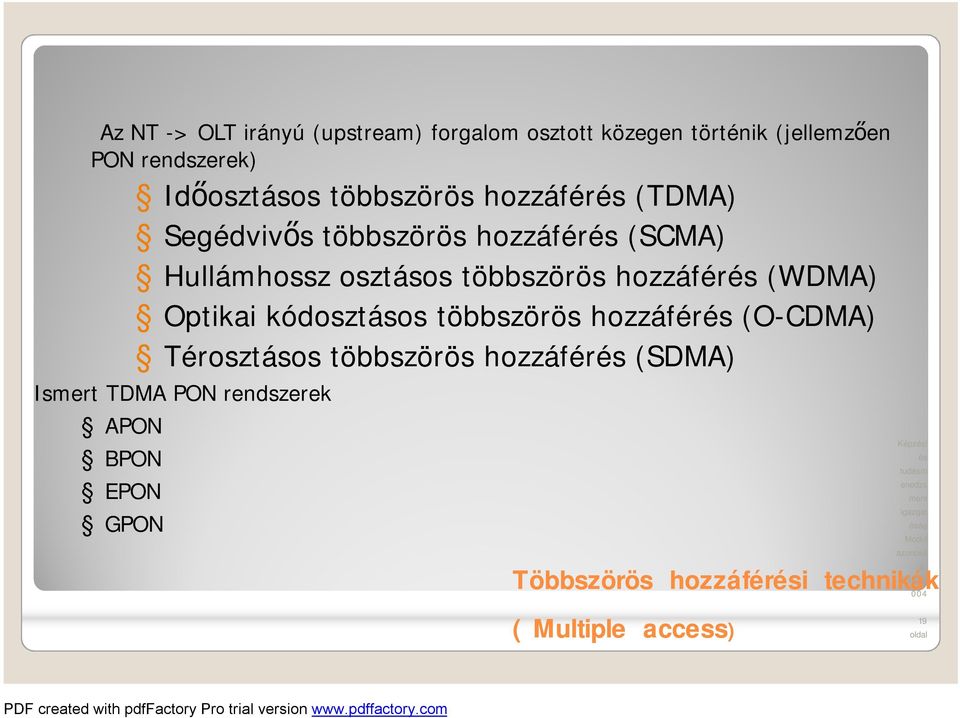 többszörös hozzáfér (WDMA) Optikai kódosztásos többszörös hozzáfér (O-CDMA) Térosztásos többszörös