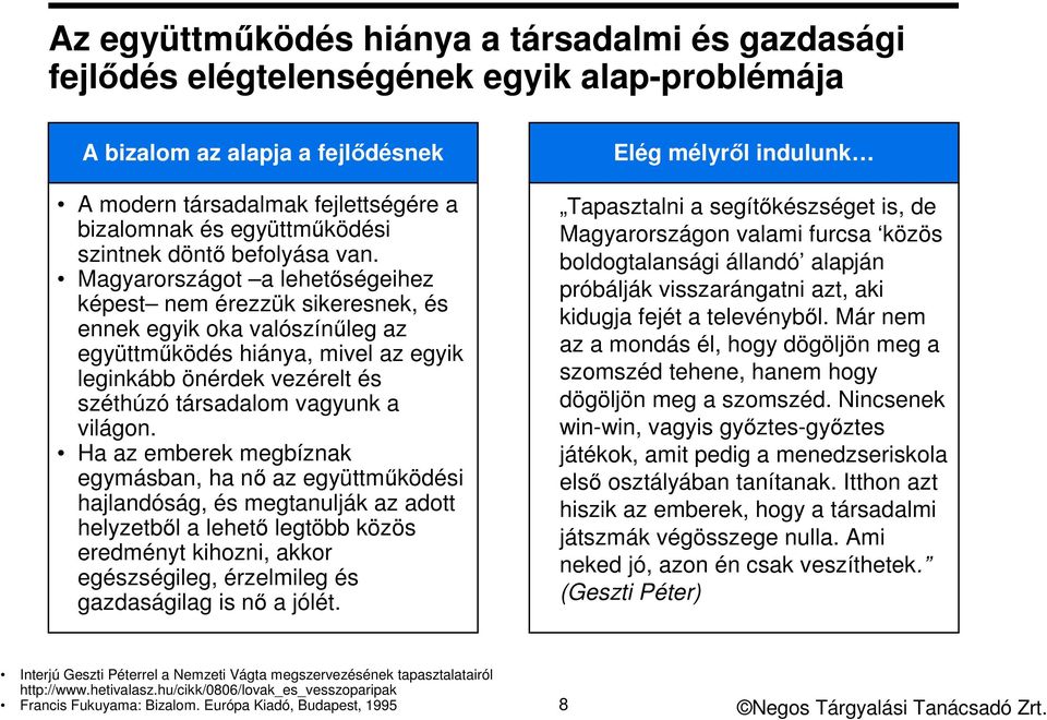 Magyarországot a lehetőségeihez képest nem érezzük sikeresnek, és ennek egyik oka valószínűleg az együttműködés hiánya, mivel az egyik leginkább önérdek vezérelt és széthúzó társadalom vagyunk a