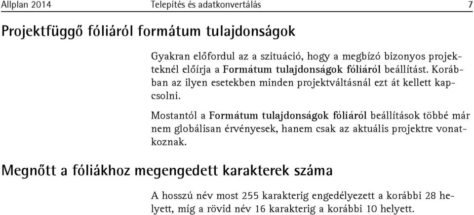 Mostantól a Formátum tulajdonságok fóliáról beállítások többé már nem globálisan érvényesek, hanem csak az aktuális projektre vonatkoznak.