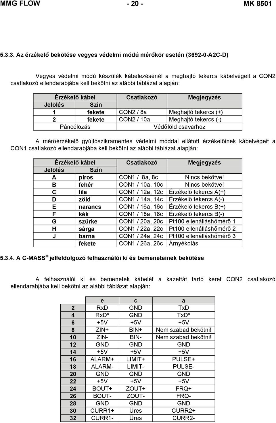 alábbi táblázat alapján: Érzékelő kábel Csatlakozó Megjegyzés Jelölés Szín 1 fekete CON2 / 8a Meghajtó tekercs (+) 2 fekete CON2 / 10a Meghajtó tekercs (-) Páncélozás Védőföld csavarhoz A