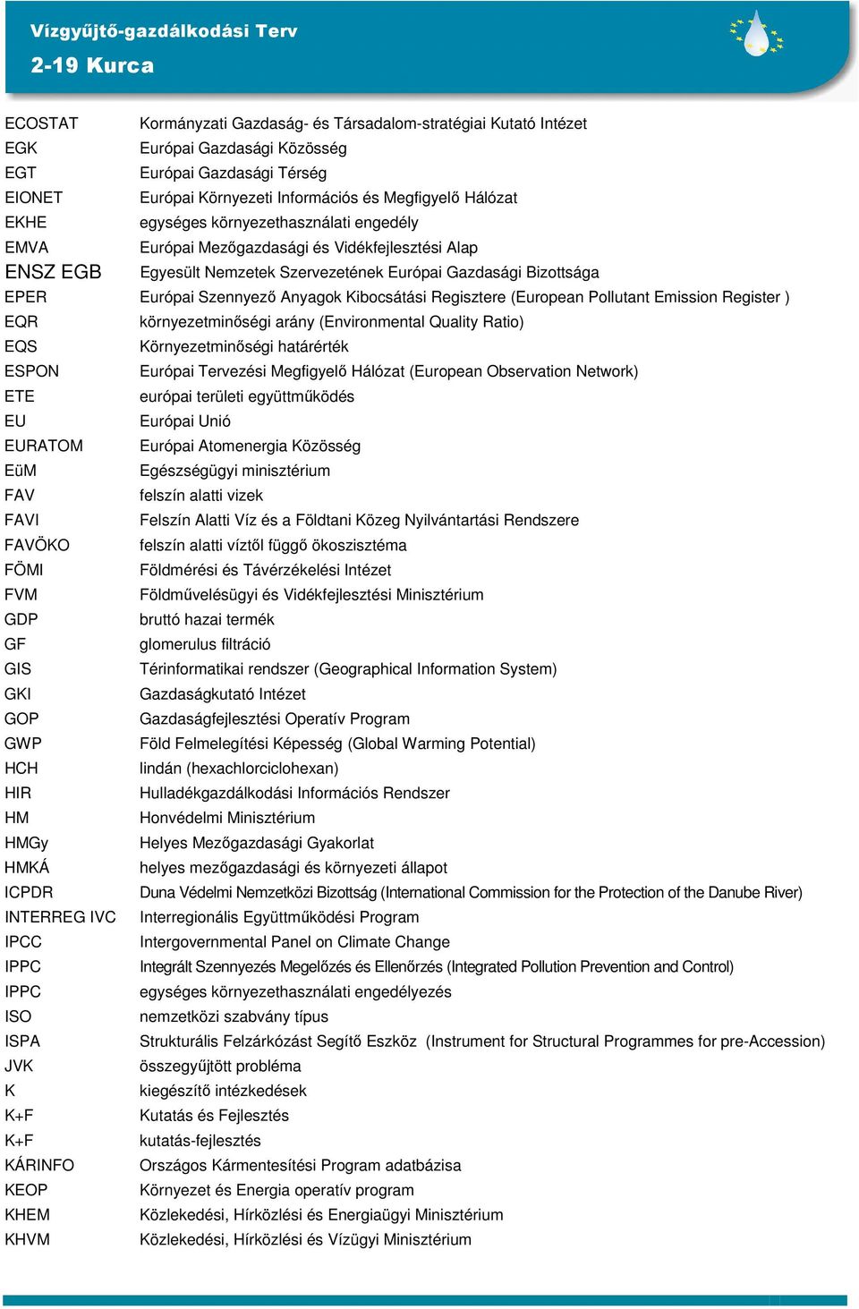 Regisztere (Eurpean Pllutant Emissin Register ) EQR környezetminőségi arány (Envirnmental Quality Rati) EQS Környezetminőségi határérték ESPON Európai Tervezési Megfigyelő Hálózat (Eurpean Observatin