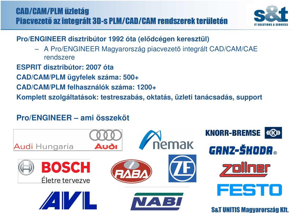 CAD/CAM/CAE rendszere ESPRIT disztribútor: 2007 óta CAD/CAM/PLM ügyfelek száma: 500+ CAD/CAM/PLM