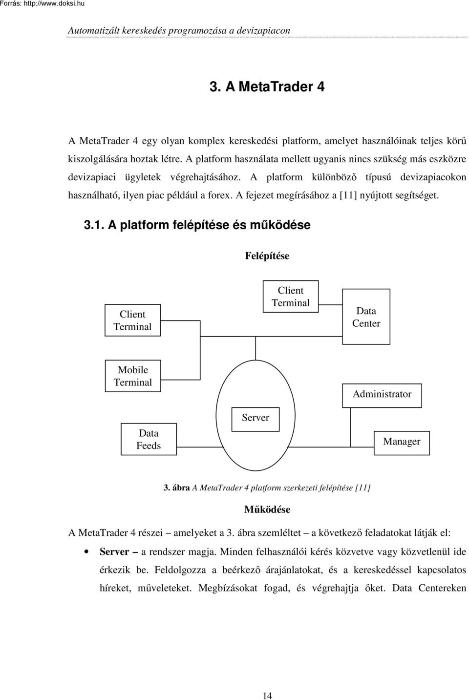 A fejezet megírásához a [11] nyújtott segítséget. 3.1. A platform felépítése és mőködése Felépítése Client Terminal Client Terminal Data Center Mobile Terminal Administrator Data Feeds Server Manager 3.