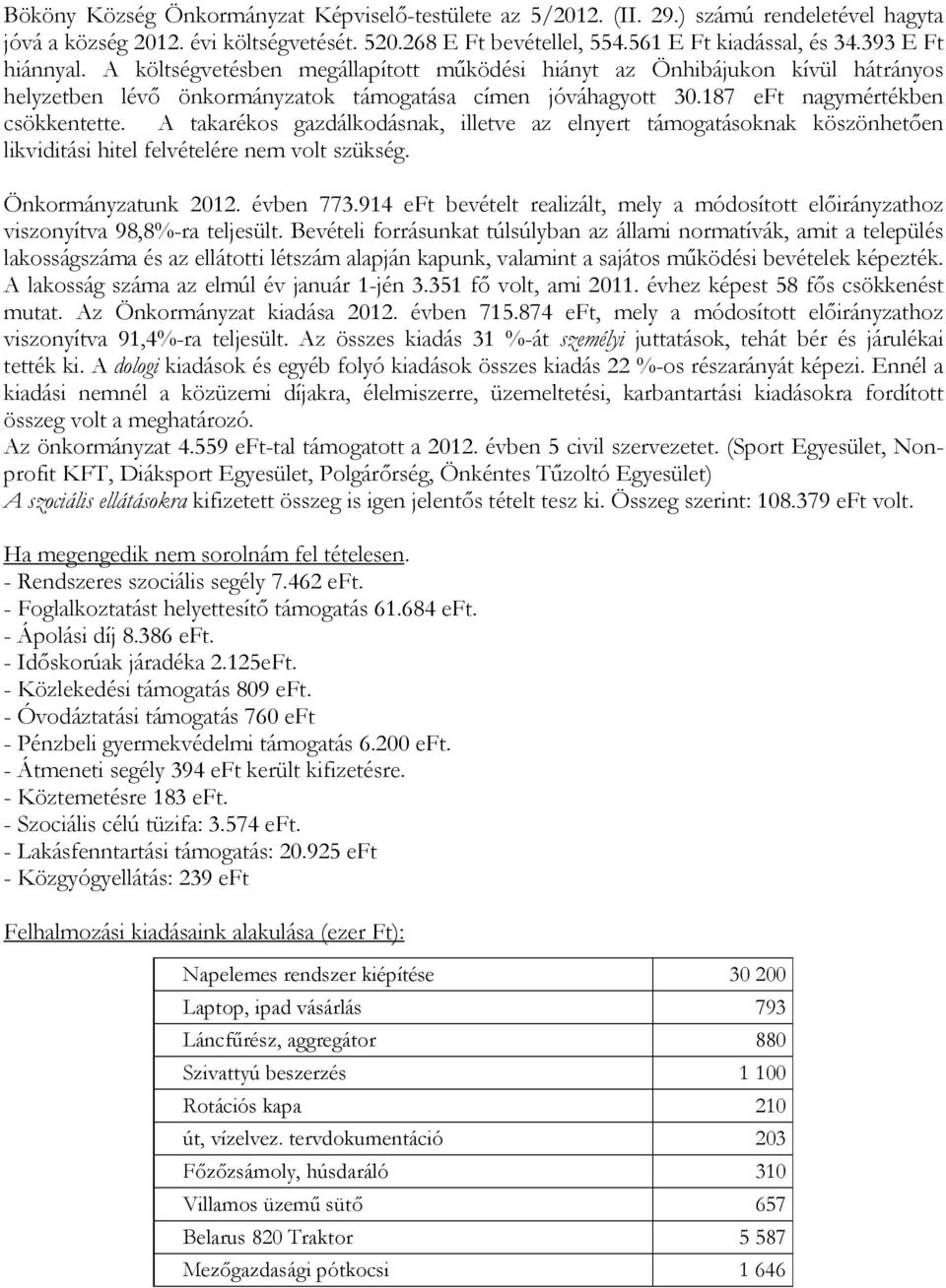 A takarékos gazdálkodásnak, illetve az elnyert támogatásoknak köszönhetően likviditási hitel felvételére nem volt szükség. Önkormányzatunk 2012. évben 773.