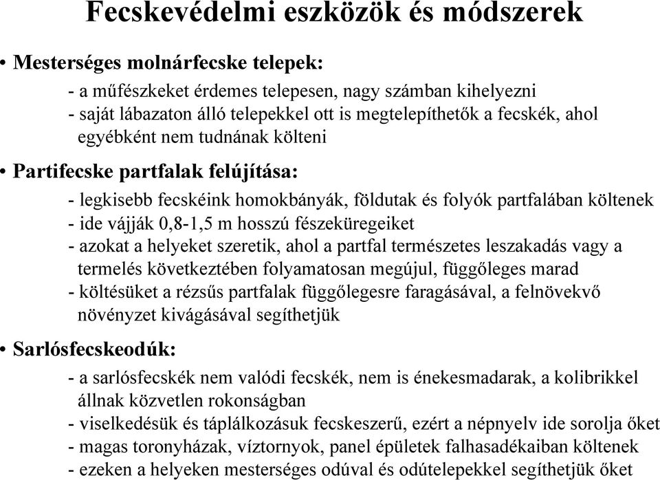 természetes leszakadás vagy a termelés következtében folyamatosan megújul, függőleges marad - költésüket a rézsűs partfalak függőlegesre faragásával, a felnövekvő növényzet kivágásával segíthetjük