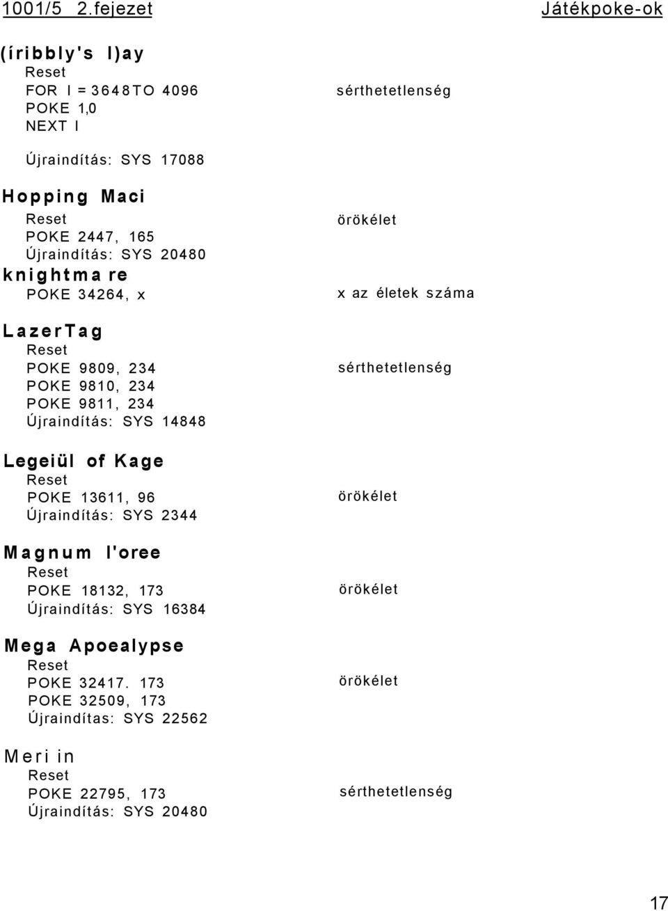 Újraindítás: SYS 20480 knightma re POKE 34264, x LazerTag Reset POKE 9809, 234 POKE 9810, 234 POKE 9811, 234 Újraindítás: SYS 14848 Legeiül of Kage Reset