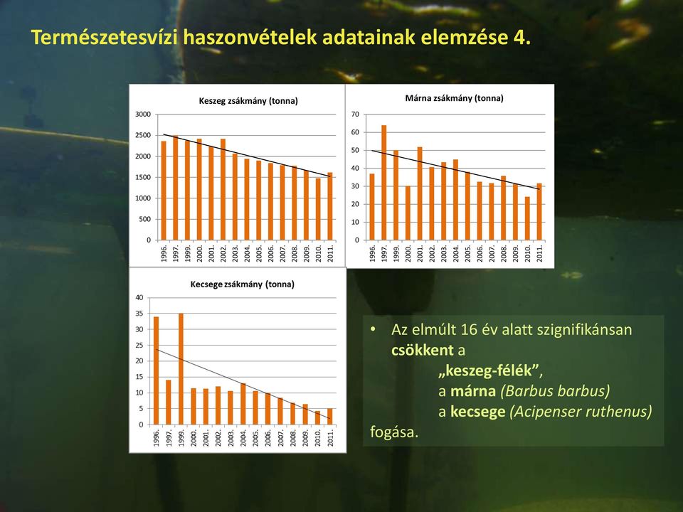 3000 2500 2000 1500 1000 500 0 Keszeg zsákmány (tonna) 70 60 50 40 30 20 10 0 Márna zsákmány (tonna) Az elmúlt 16