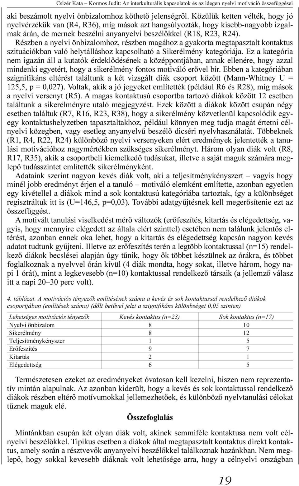 Részben a nyelvi önbizalomhoz, részben magához a gyakorta megtapasztalt kontaktus szituációkban való helytálláshoz kapcsolható a Sikerélmény kategóriája.