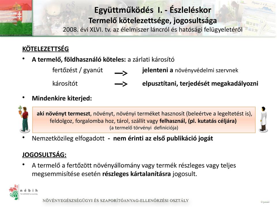 elpusztítani, terjedését megakadályozni Mindenkire kiterjed: aki növényt termeszt, növényt, növényi terméket hasznosít (beleértve a legeltetést is), feldolgoz, forgalomba hoz, tárol,