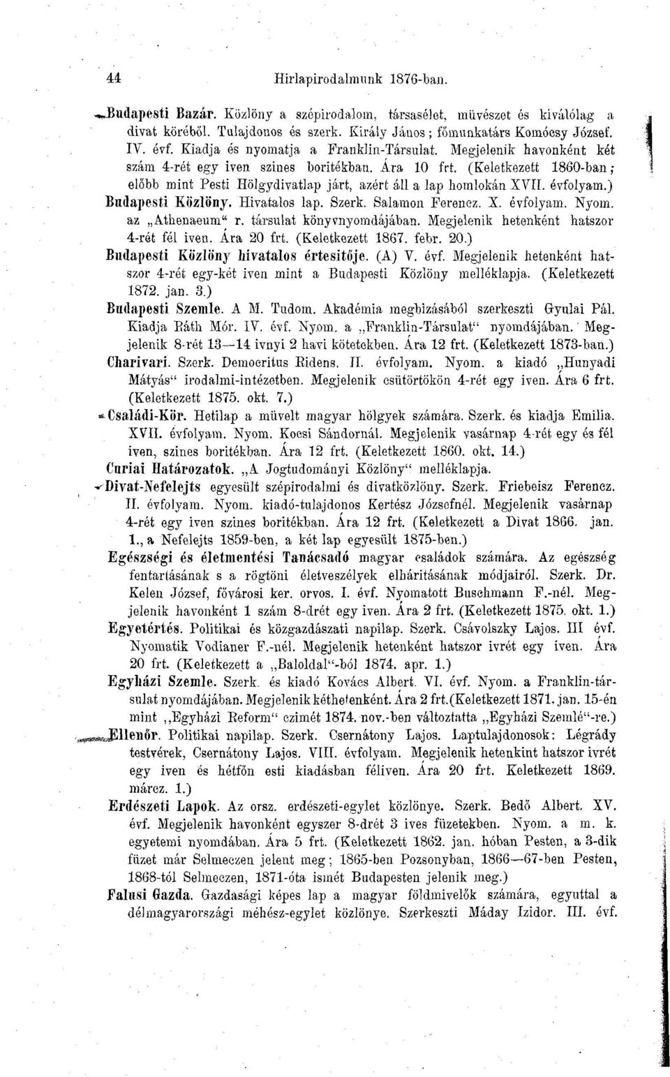 (Keletkezett 1860-ban ; előbb mint Pesti Hölgydivatlap járt, azért áll a lap homlokán XVII. évfolyam.) Budapesti Közlöny. Hivatalos lap. Szerk. Salamon Ferencz. X. évfolyam. Nyom, az Attienaeum" r.