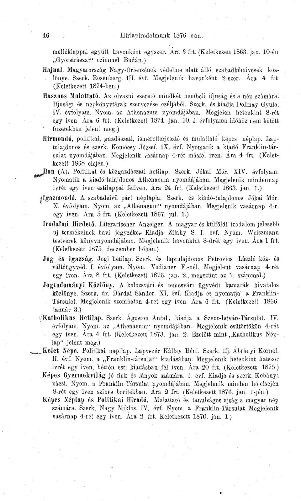 Az olvasni szerető mindkét nembeli ifjúság és a nép számára. Ifjúsági és népkönyvtárak szervezése ezéljából. Szerk. és kiadja Dolinay Gyula. IV. évfolyam. Nyom. az Athenaeum nyomdájában.