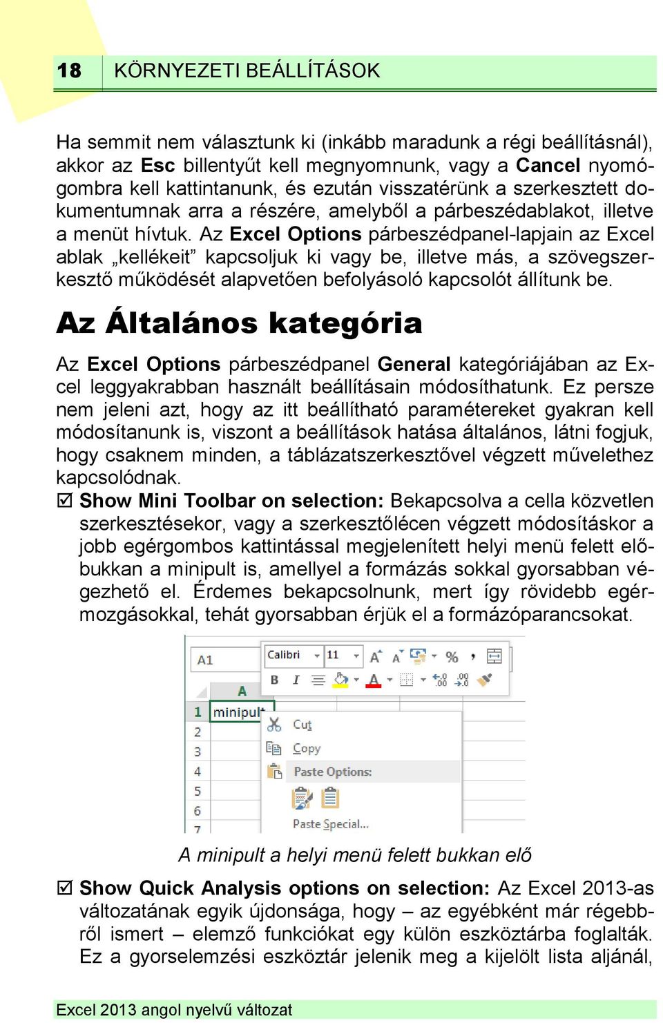 Az Excel Options párbeszédpanel-lapjain az Excel ablak kellékeit kapcsoljuk ki vagy be, illetve más, a szövegszerkesztő működését alapvetően befolyásoló kapcsolót állítunk be.