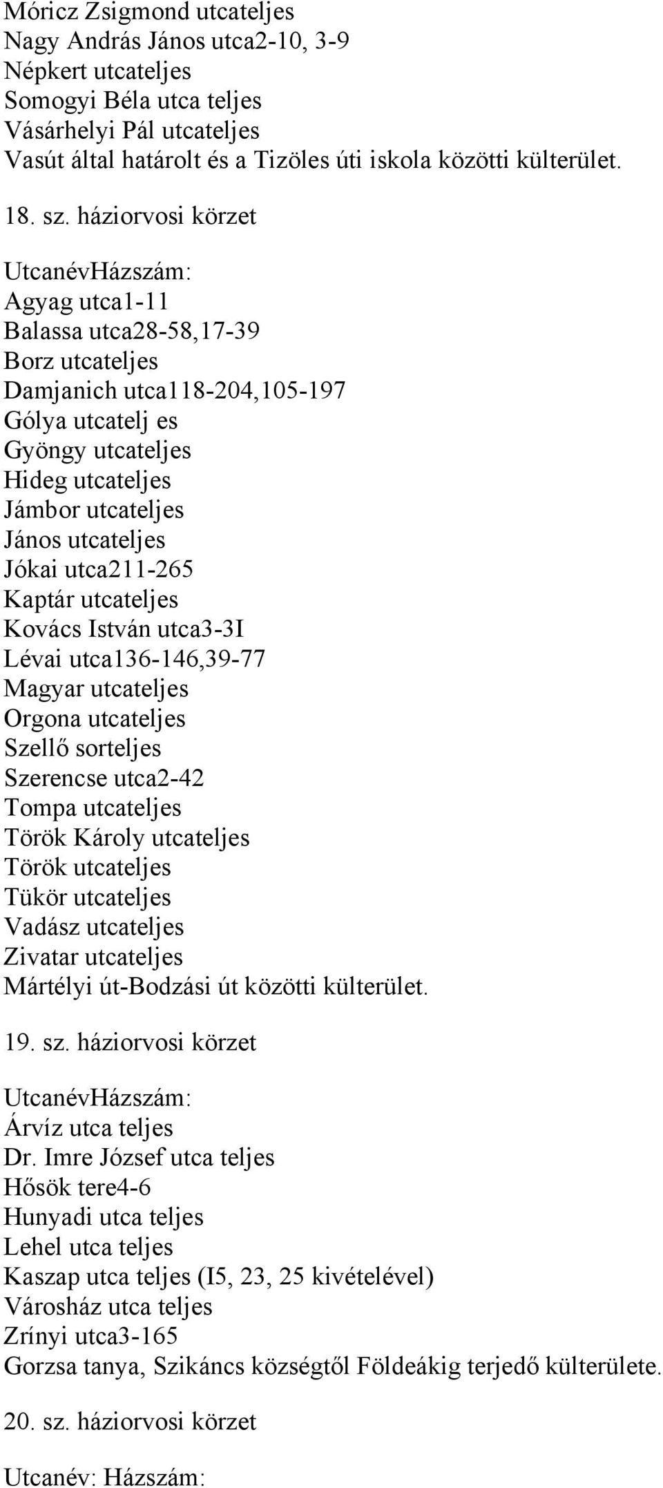 Jókai utca211-265 Kaptár utcateljes Kovács István utca3-3i Lévai utca136-146,39-77 Magyar utcateljes Orgona utcateljes Szellő sorteljes Szerencse utca2-42 Tompa utcateljes Török Károly utcateljes