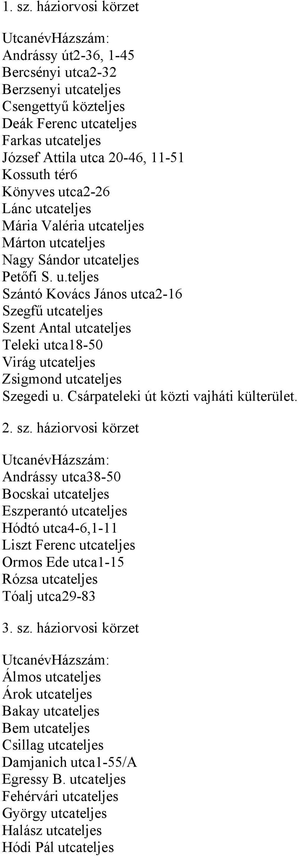 utca2-26 Lánc utcateljes Mária Valéria utcateljes Márton utcateljes Nagy Sándor utcateljes Petőfi S. u.teljes Szántó Kovács János utca2-16 Szegfű utcateljes Szent Antal utcateljes Teleki utca18-50 Virág utcateljes Zsigmond utcateljes Szegedi u.