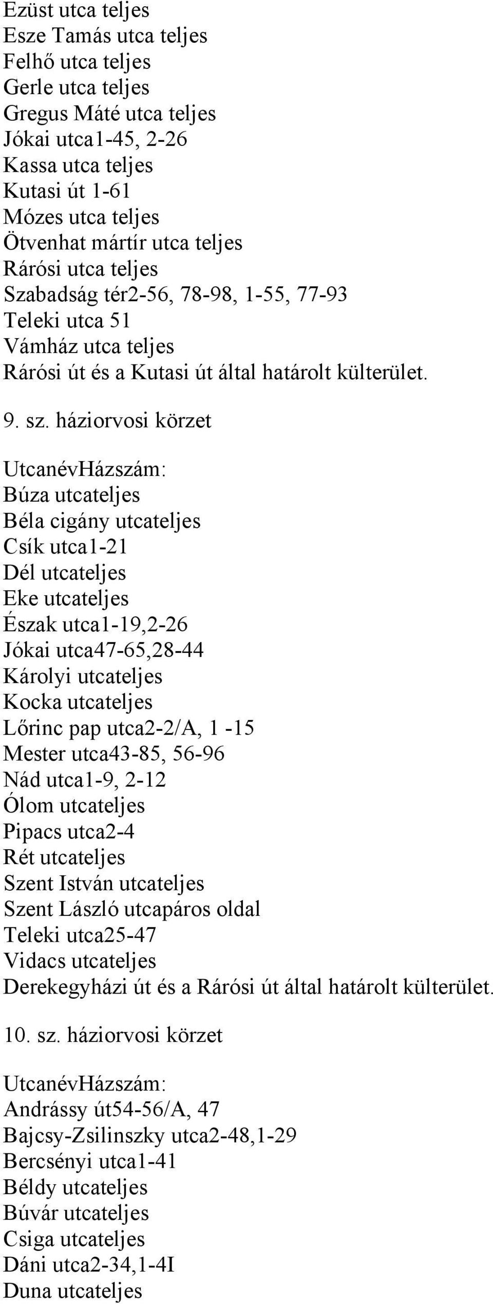 háziorvosi körzet Búza utcateljes Béla cigány utcateljes Csík utca1-21 Dél utcateljes Eke utcateljes Észak utca1-19,2-26 Jókai utca47-65,28-44 Károlyi utcateljes Kocka utcateljes Lőrinc pap