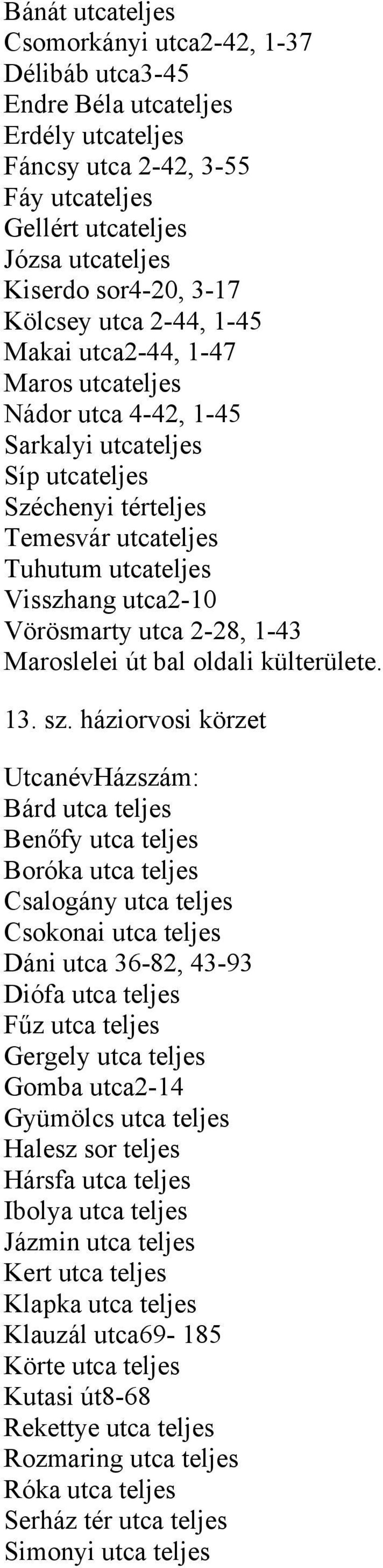 Vörösmarty utca 2-28, 1-43 Maroslelei út bal oldali külterülete. 13. sz.